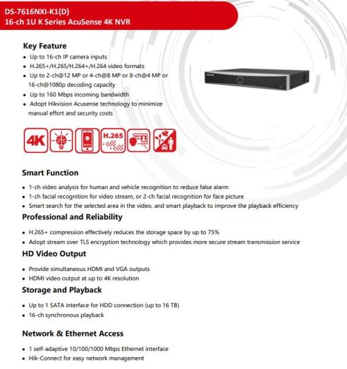 HIKVISION DS-7616NXI-K1 (D) 16 KANAL 12Mpix H265+ AcuSense 1xHDD,2160P Kayıt,160Mbps Bant Genişliği,Metal Kasa,NVR - NVR Kayıt Cihazları ürünleri tekmarshop.com'da